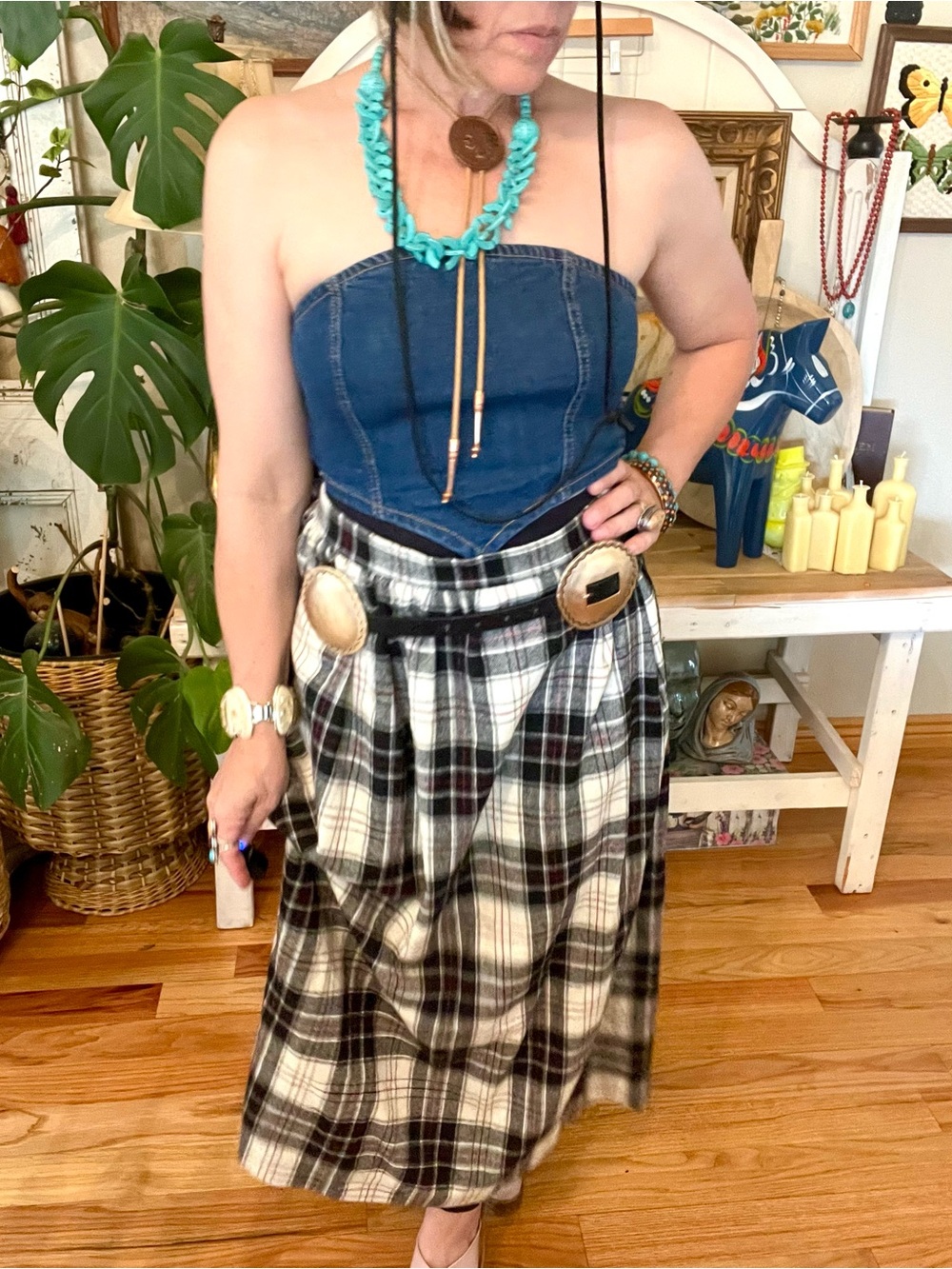 Vintage Bobbie’s Closet Wool Tartan Skirt Boho Fall Black Red Ivory Plaid